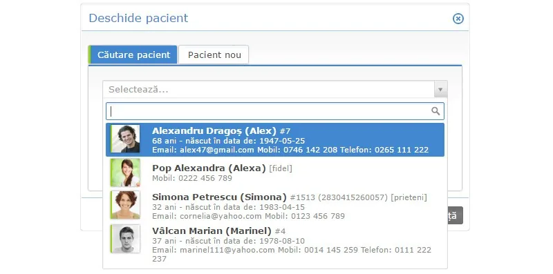 Fereastra „Deschide pacient” din Evolvo, cu lista pacienților