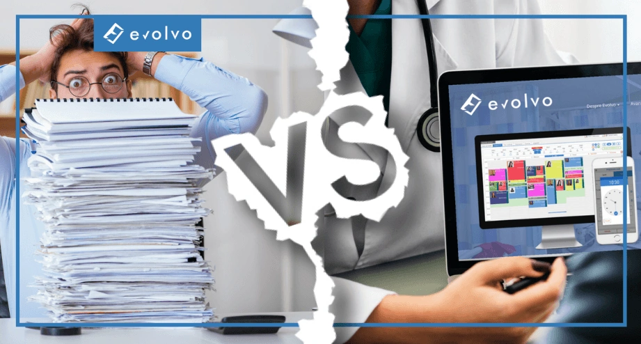 Dosare pe hârtie față în față cu un software medical pe calculator