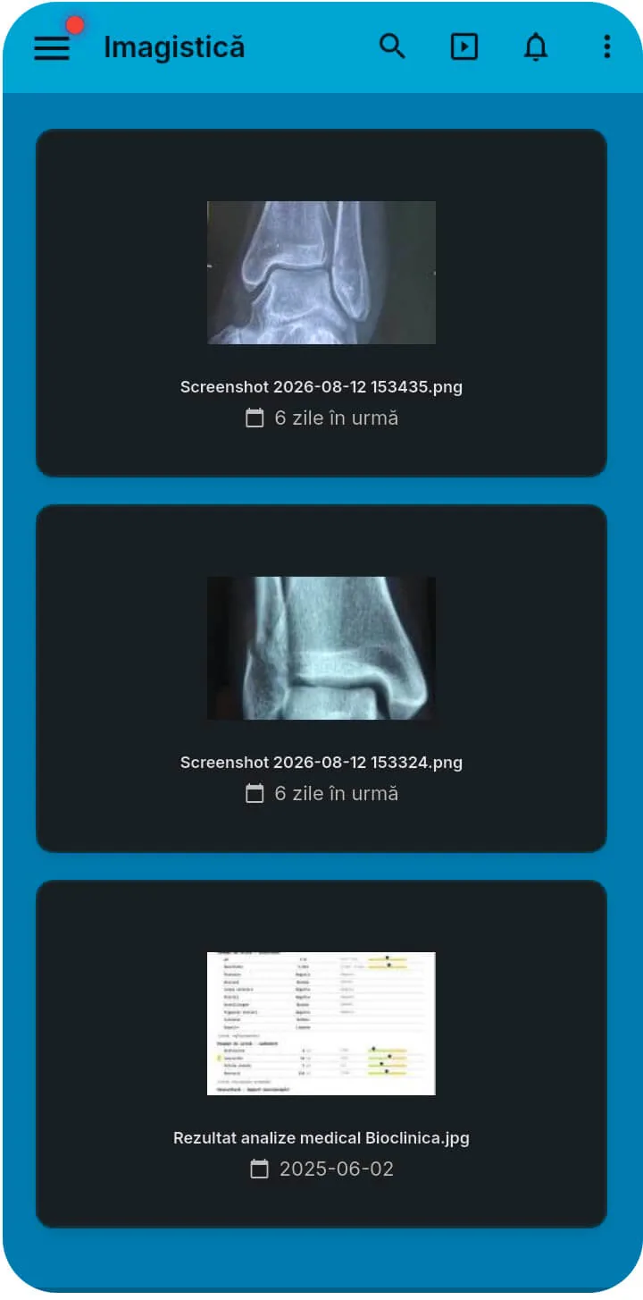 Captură de ecran din aplicația MyMed cu imagini radiologice și rezultate de analize medicale, accesibile direct din telefonul pacientului.