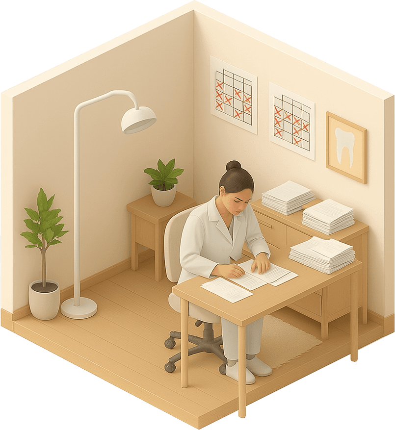 Ilustrație: doctoriță completând documente pe hârtie