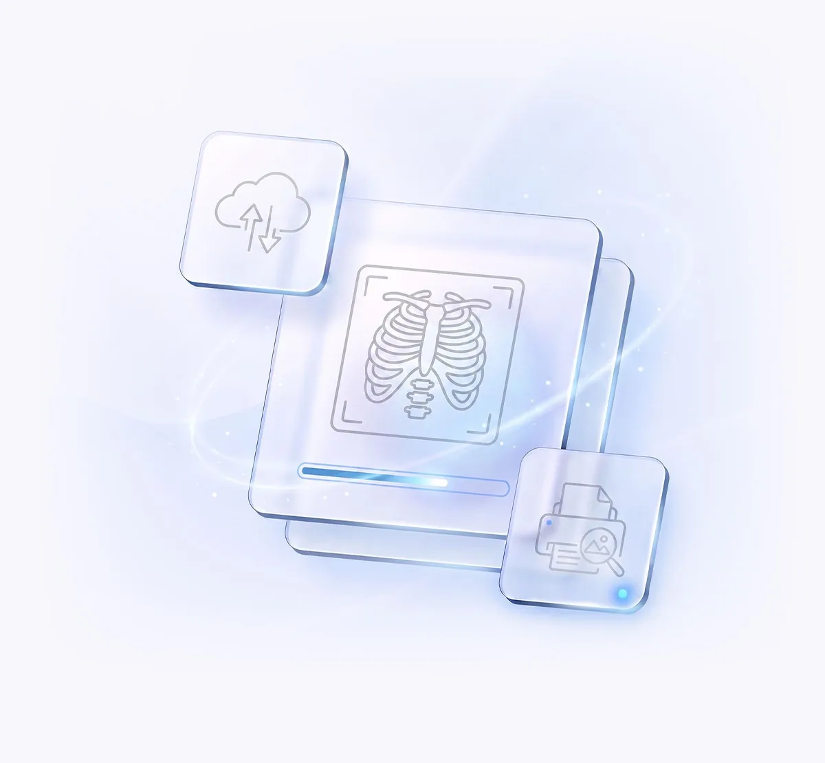 Ilustrație digitală a modulului de imagistică Evolvo: fișă medicală electronică cu radiografie toracică, sincronizare în cloud și opțiune de printare, pe fundal albastru deschis.