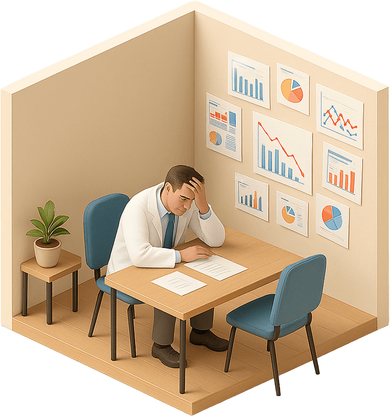 Ilustrație: medic copleșit de hârtii, sub grafice cu pierderi