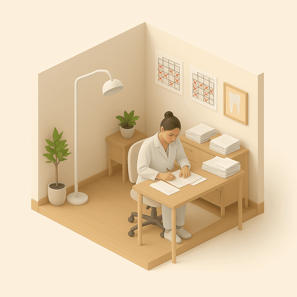 Ilustrație: doctoriță completând documente pe hârtie