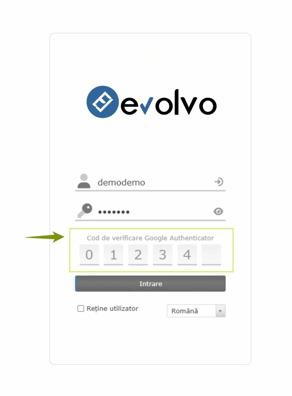 Ecranul de autentificare Evolvo, cu câmpul pentru codul de verificare