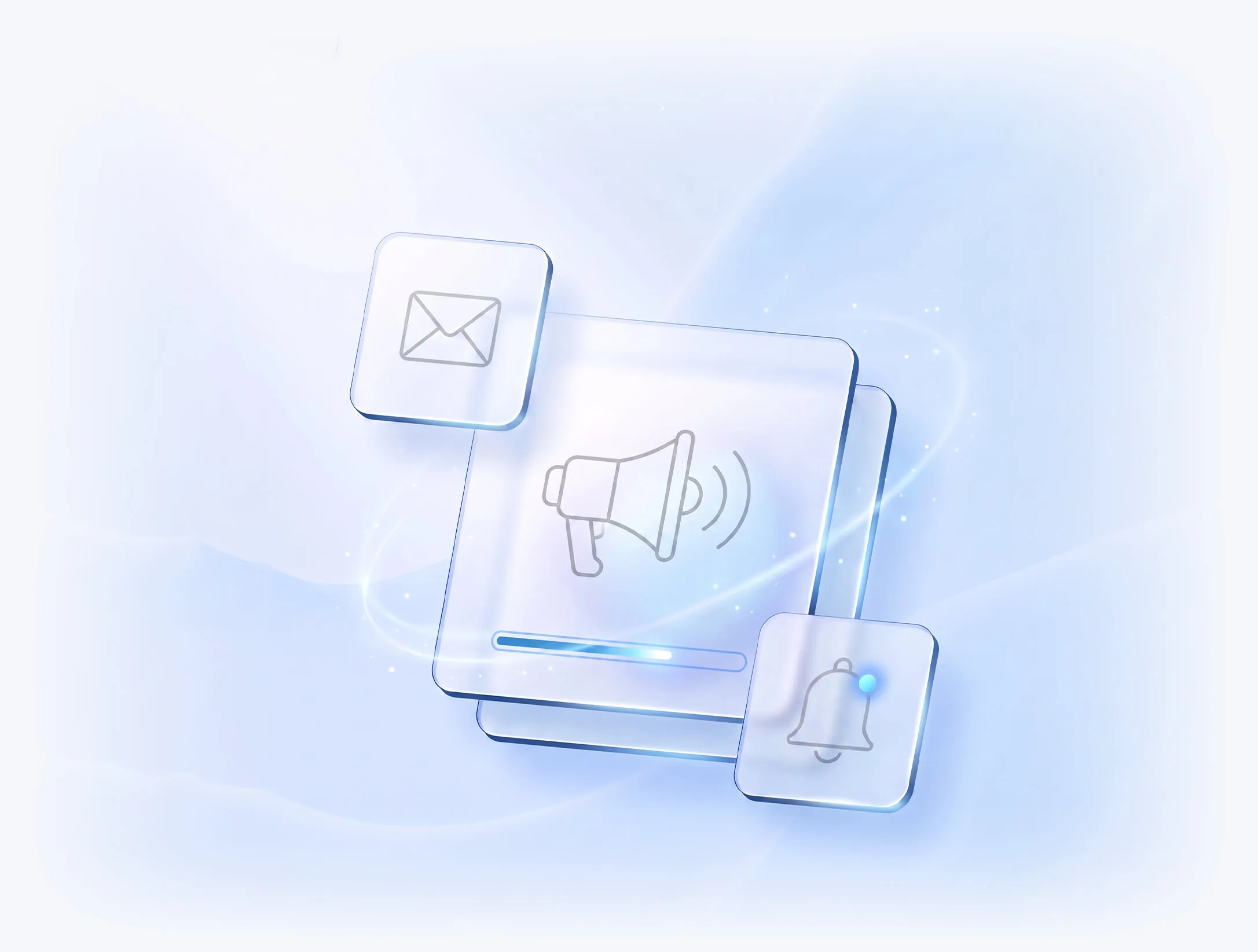 Ilustrație digitală a modulului de marketing Evolvo: megafon pentru campanii, plic de e-mail și clopoțel de notificare, pe fundal albastru deschis.