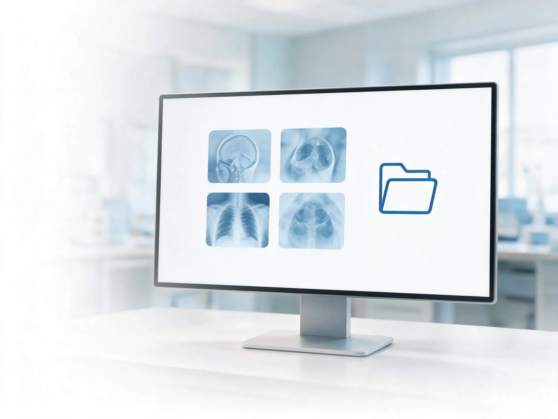 Monitor afișând imagini medicale și documente organizate într-un folder digital, simbolizând centralizarea imagisticii și a documentelor pacientului în Evolvo.