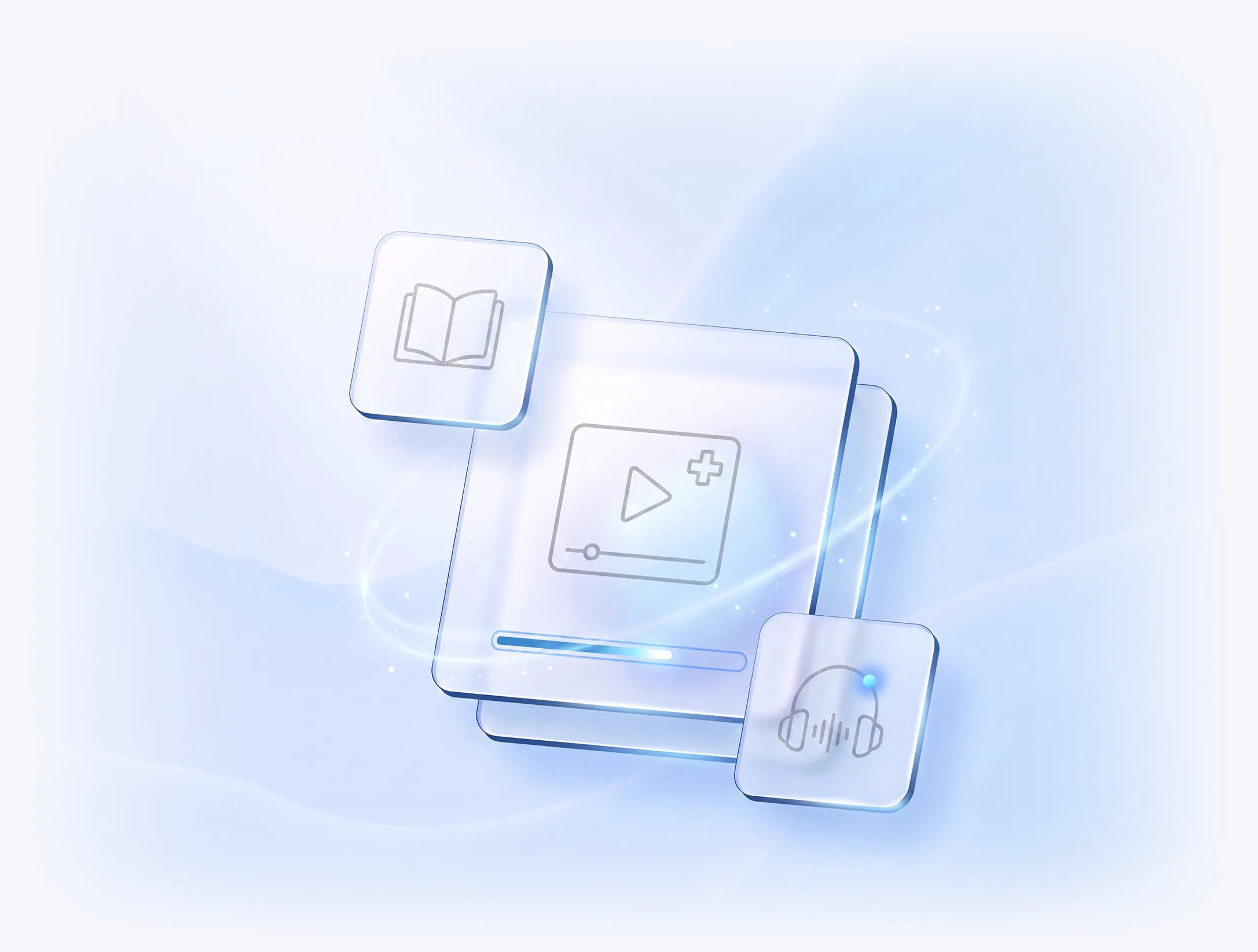 Ilustrație digitală a modulului de educare pacienți Evolvo: player video medical, carte deschisă și căști audio, pe fundal albastru deschis.