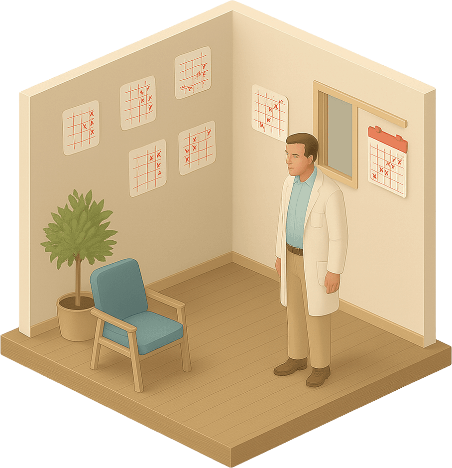 Ilustrație: medic îngrijorat într-o sală de așteptare goală