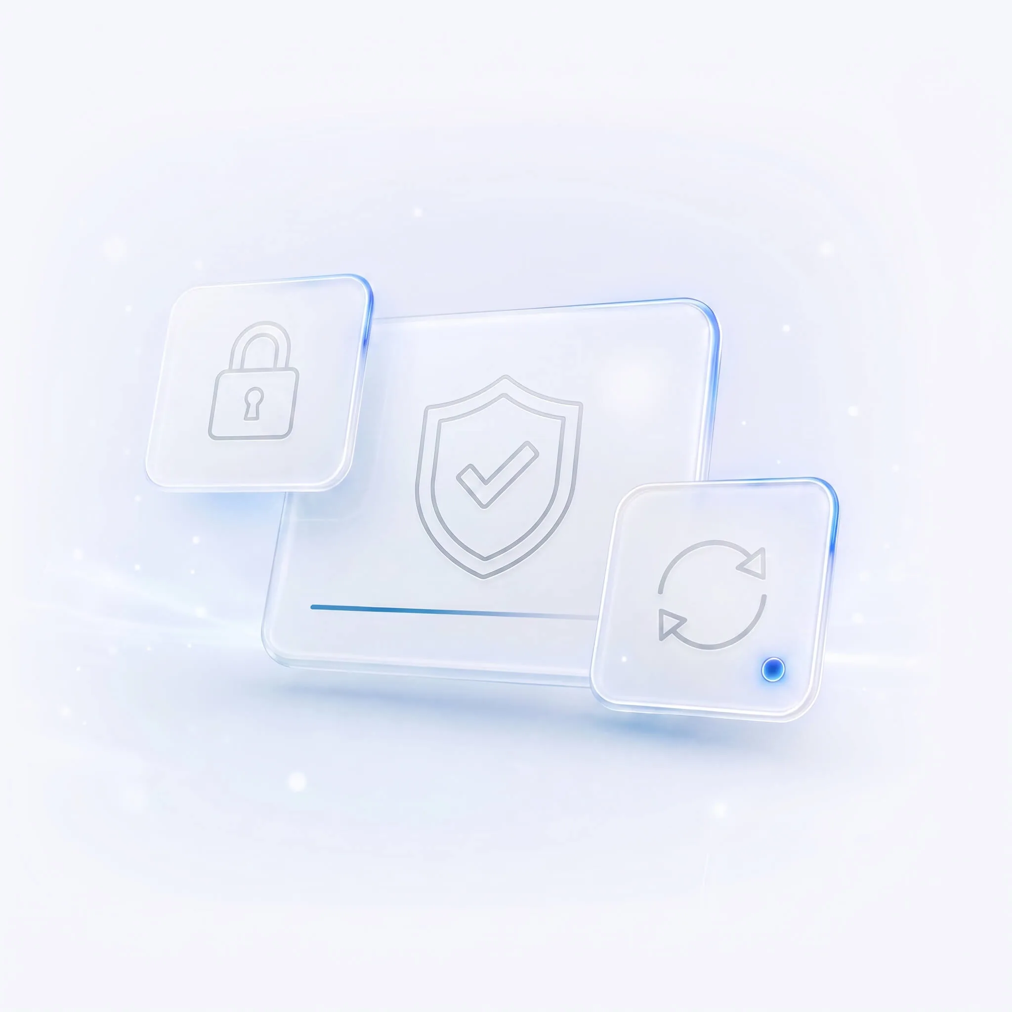 Ilustrație digitală a autentificării în doi pași din Evolvo: lacăt de securitate, scut cu bifă de validare și pictogramă de sincronizare, pe fundal albastru deschis.