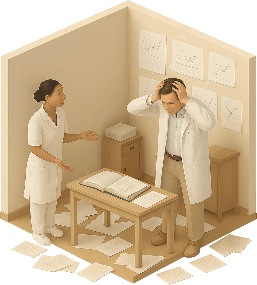 Ilustrație: medic și asistentă printre documente împrăștiate