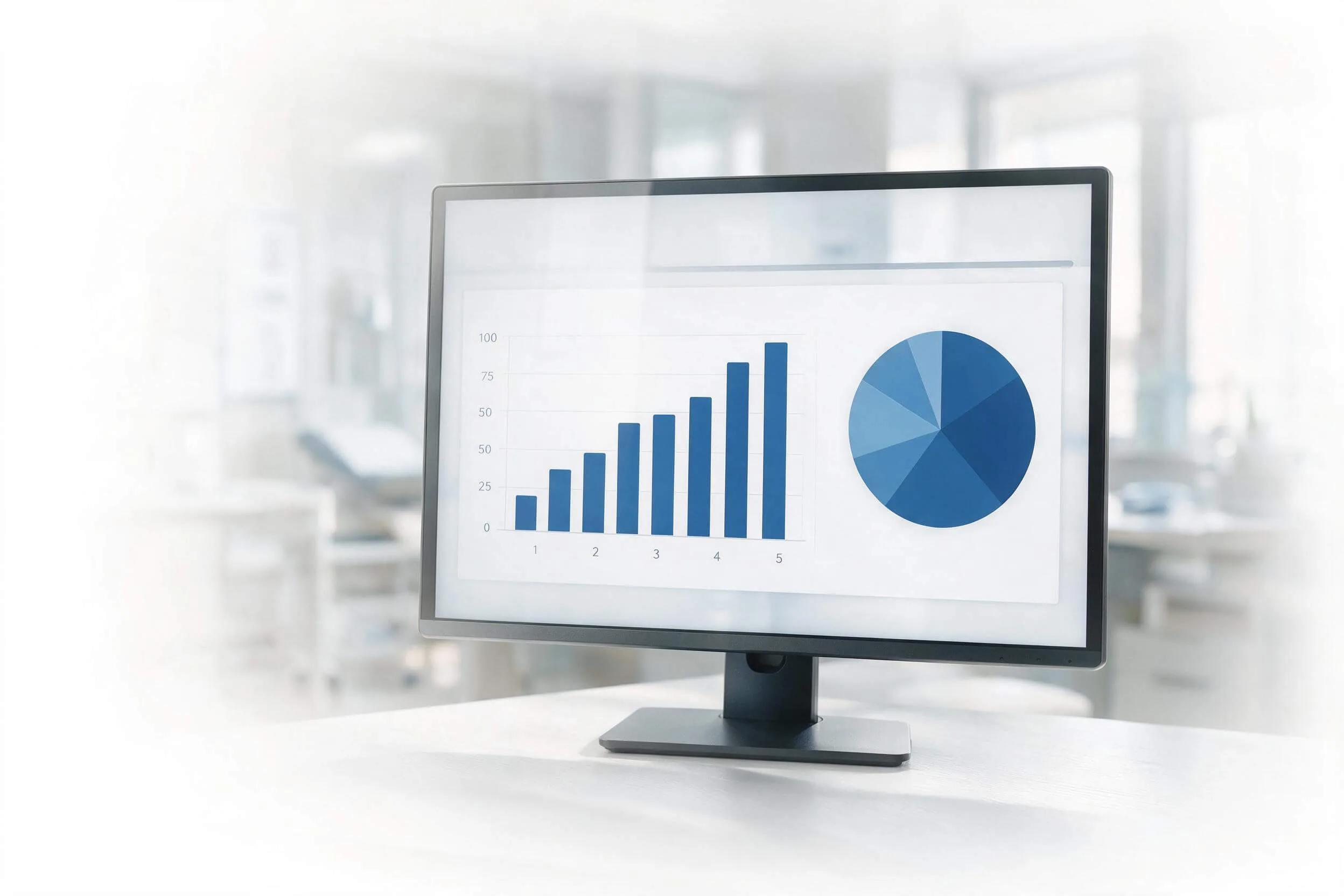 Monitor afișând un grafic cu bare și un grafic circular în nuanțe de albastru, într-un cabinet medical modern, reprezentând rapoartele și statisticile centralizate în Evolvo.
