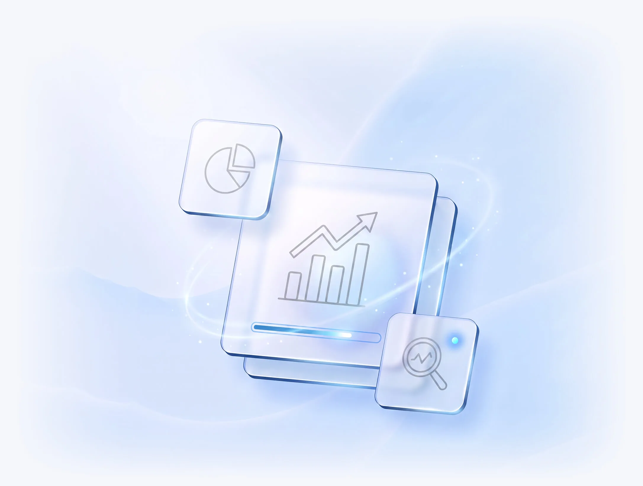 Ilustrație digitală a modulului de statistică Evolvo: grafic de tendințe cu bare și săgeată ascendentă, diagramă circulară și analiză detaliată a datelor, pe fundal albastru deschis.